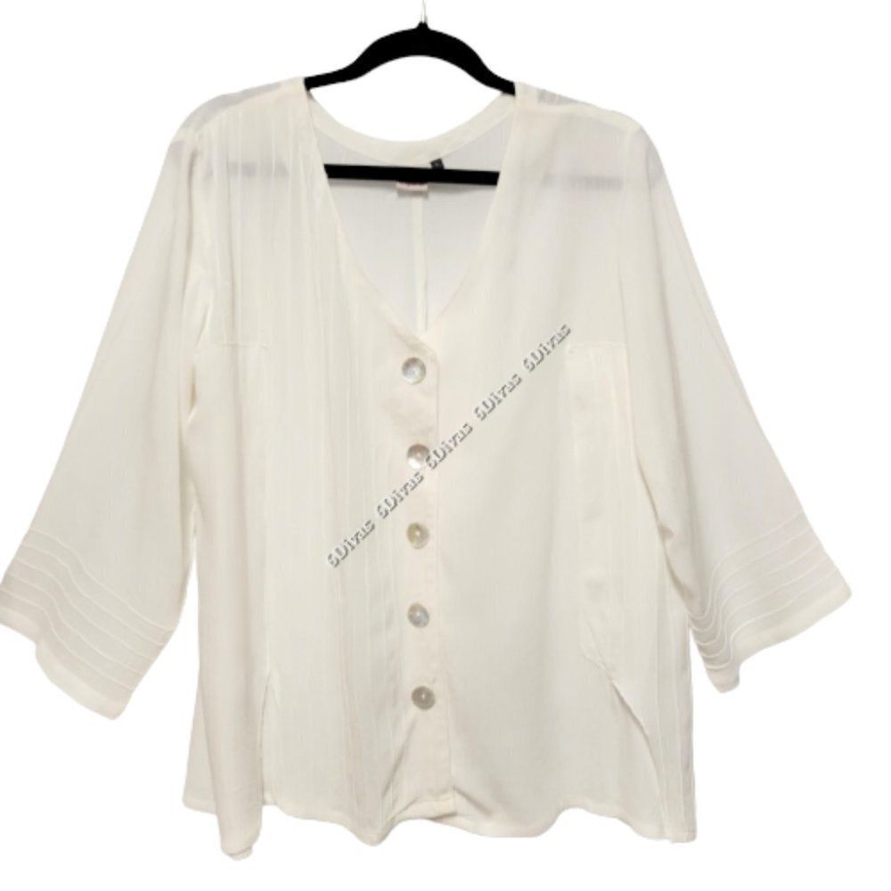 Long Sleeve Plus Size White Rayon Blouse Top  Size L, Size XL